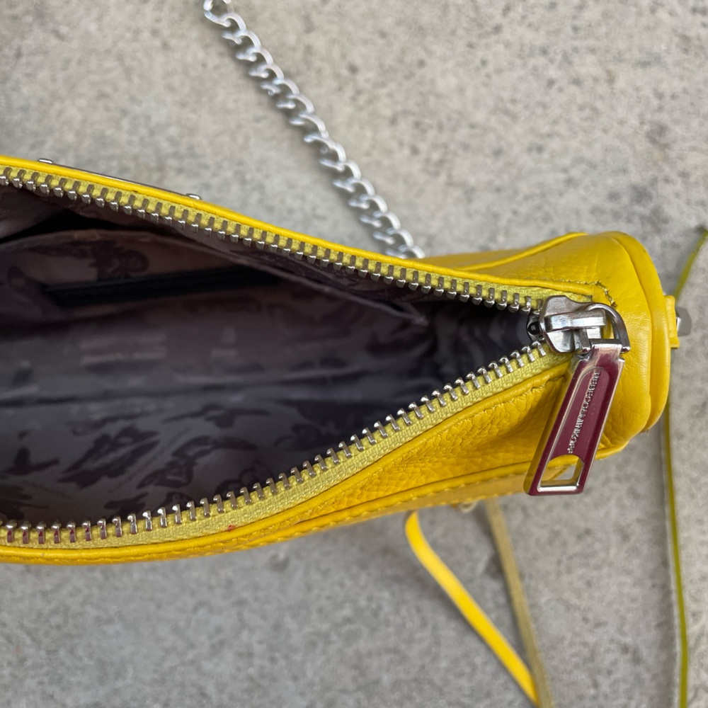 Canary Yellow Leather 5 Zip, Silver Chain Crossbody - Picture 7 of 13